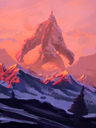 A painting of a giant Mountanic Beast in the Distance