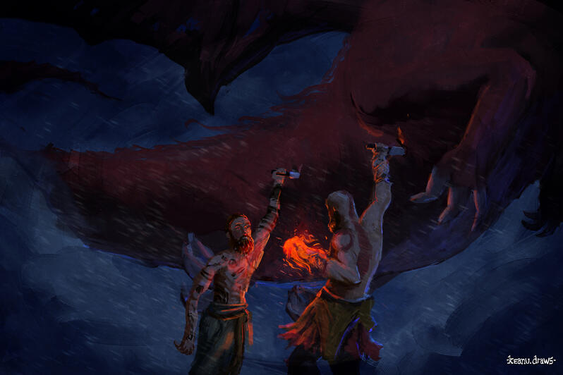 God of War fanart of Kratos riding the dragon in a fight